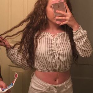 Off Shoulder Cropped Striped Shirt!